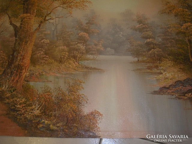 Huge oil painting forest with inner stream 93.5 X 63.5 Cm marked for sale at reduced price