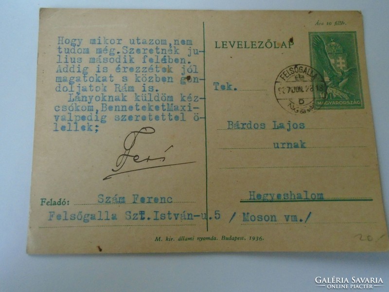 D192529 Levelezőlap - Felsőgalla 1937 - Szám Ferenc- Hegyeshalom Bárdos Lajos
