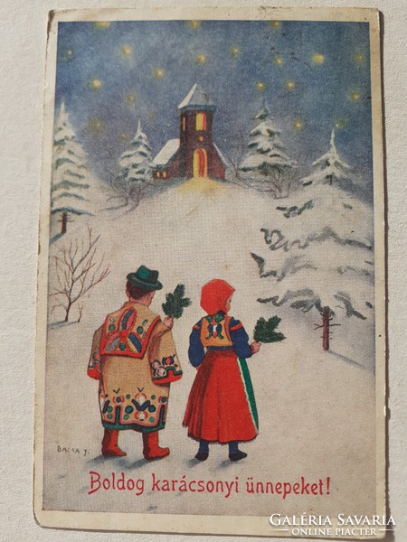 Régi karácsonyi képeslap 1938 rajzos levelezőlap templom népviselet havas táj