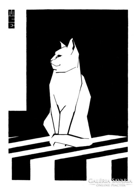 M. C. Escher graphic: white cat reprint print, black and white picture sitting cat striped geometric
