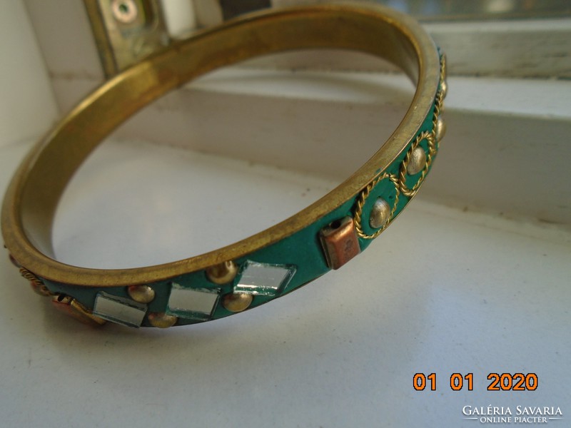Vintage gold-plated copper handmade filigree bracelet with pearl and mirror inlay