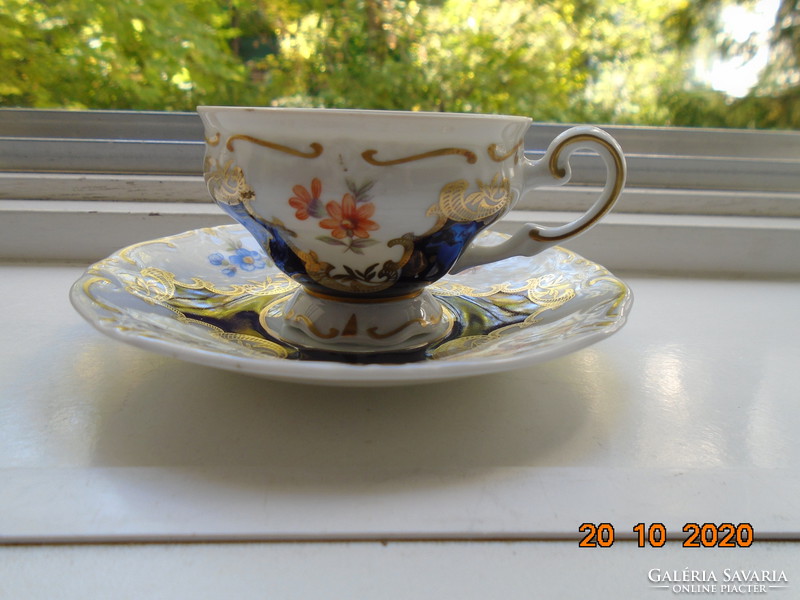 Hand-painted floral and gold patterned novelty Weimarian echt cobalt coffee cup with saucer