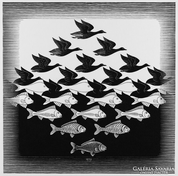 M. C. Escher grafika: Ég és víz I. REPRINT nyomat, térjáték illúzió geometria átalakulás hal madár