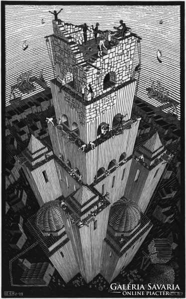 M. C. Escher grafika: Bábel tornya REPRINT nyomat, Biblia jelenet építészet geometria fekete fehér