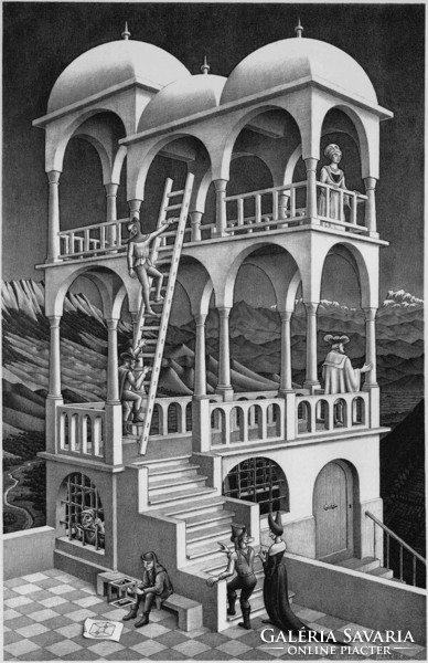 M. C. Escher graphic: belvedere reprint print, 3d illusion space game architecture medieval lookout ladder