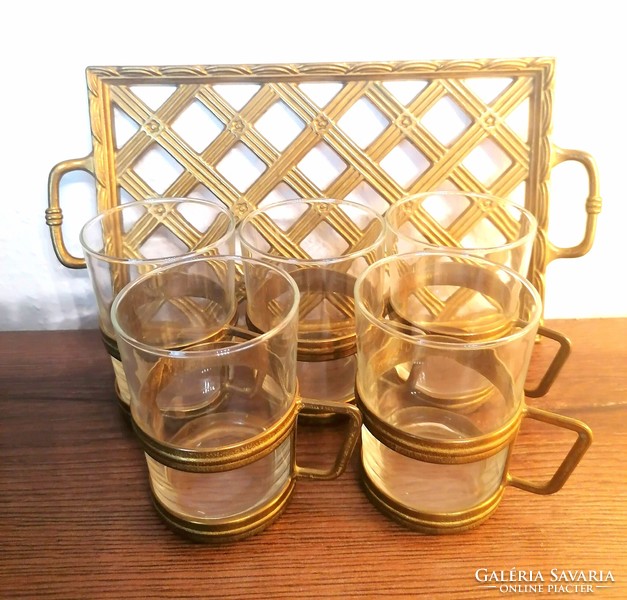 Art Nouveau copper tray with glasses, set of 5