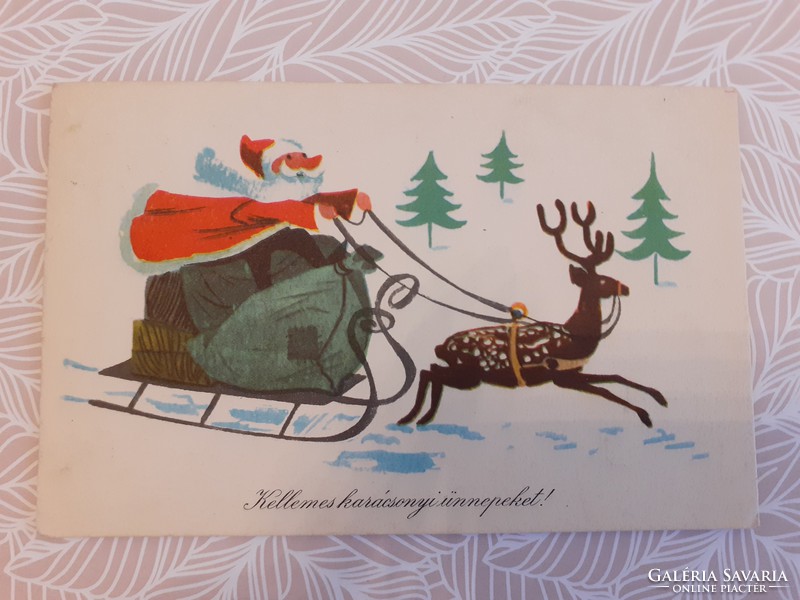 Old Christmas postcard 1960 style postcard with sleigh Santa Claus deer