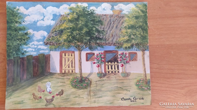 (K) Kis falusi életkép festmény 24x18 cm