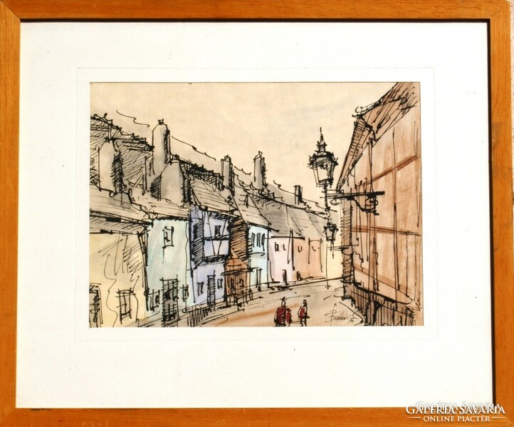 Street of Goldsmiths (Prague, 1990) - unique ink drawing colored with watercolors