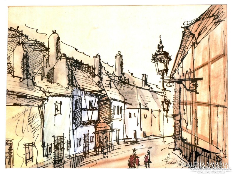 Aranyművesek utcácskája (Prága, 1990) - akvarellel színezett, egyedi tusrajz