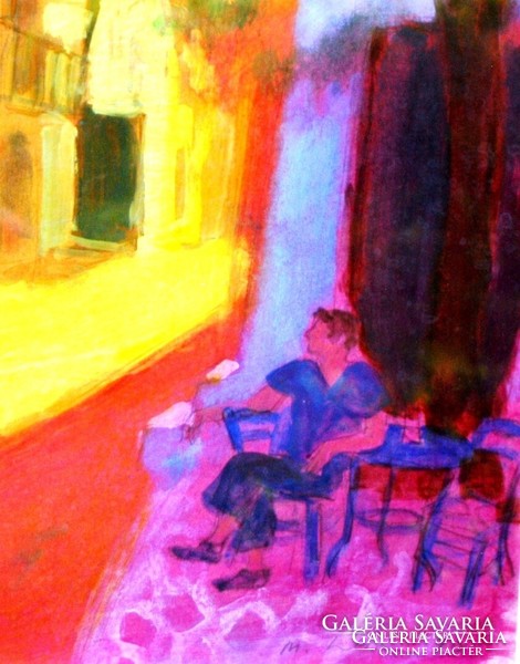 M. Líman: shady cafe on a sunny street - section of a Mediterranean street, 1990