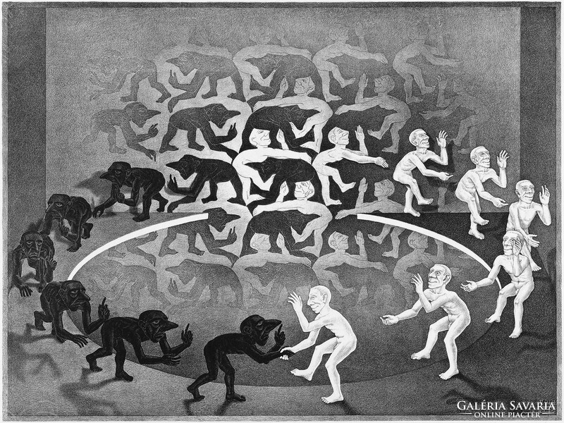 M. C. Escher grafika: Találkozás REPRINT nyomat, körben sétáló ember geometrikus játék fekete fehér
