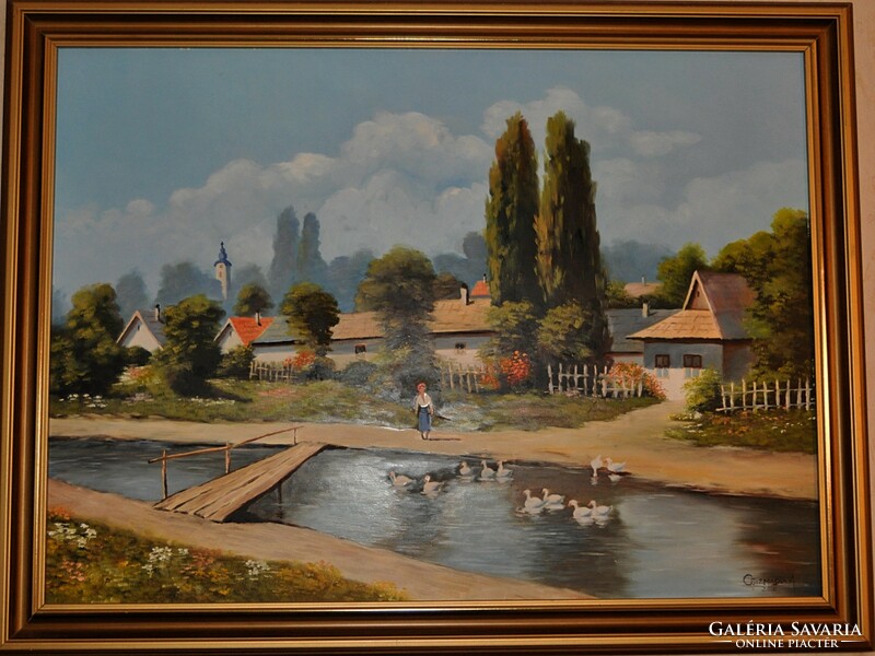 Village life with stream - oil painting by Albert Csizmadia (1936-2018)
