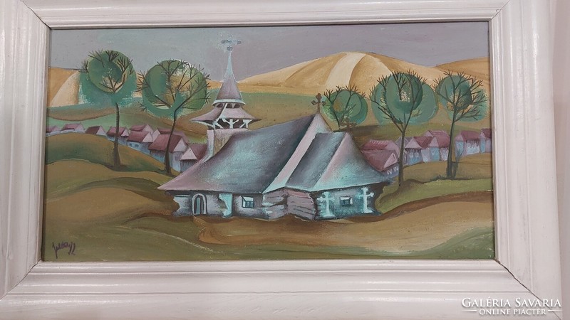 (K) magical small village vesa stela painting with frame 53x33 cm