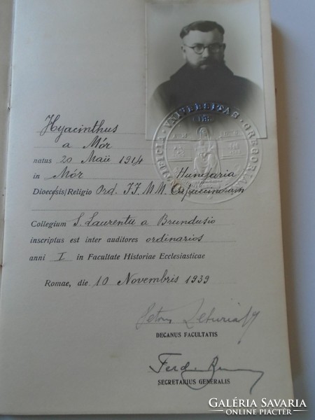 ZA404.5 MÓR - Dr. P. Frey Frenc Jácint -Hyacinthus Mór - dokumentumok 1939 Gregorián Egyetem Róma