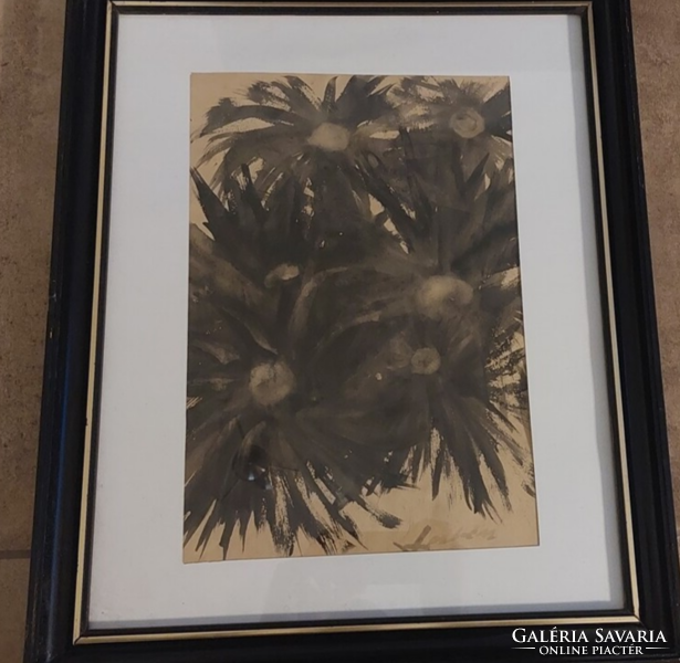 (K) Érdekes fekete virágok festmény 46x57 cm kerettel