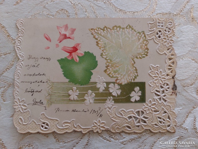Régi mini képeslap 1903 levelezőlap csipkés növénymintás dombornyomott