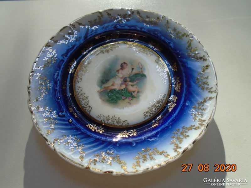 19.sz Bécsi Udvari kobalt arany girlandos tányér festménnyel:Artemisz istennő angyallal