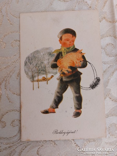 Old New Year postcard 1968 style postcard chimney sweep pig snowy landscape