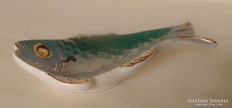 Antik régi hal formájú türkiz zöld mázas fajansz kerámia tálka gyűrűtartó nipp vitrindísz