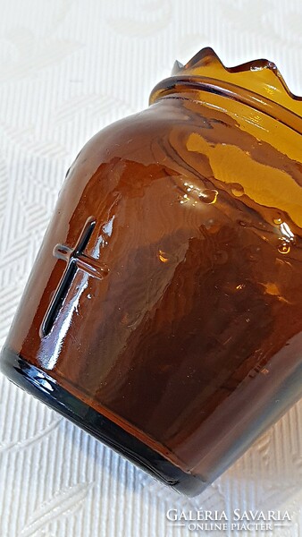Régi, retró,különleges, méz barna  színű, üveg mécsestartó. dombor mintákkal. 6 cm. magas. Hibátlan,
