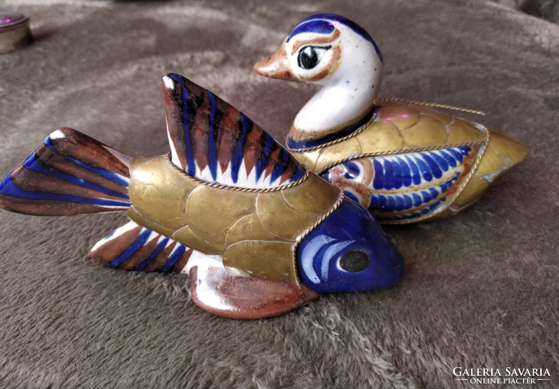 Sweet Mexican duck and fish ceramic pair with brass inlay