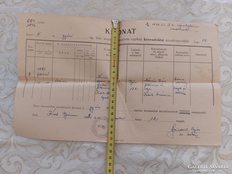Régi egyházi dokumentum keresztelési anyakönyvi kivonat 1942