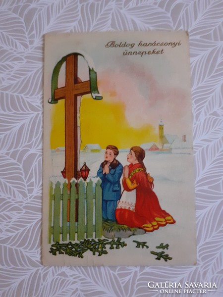 Régi karácsonyi képeslap 1940 rajzos levelezőlap kereszt feszület ima