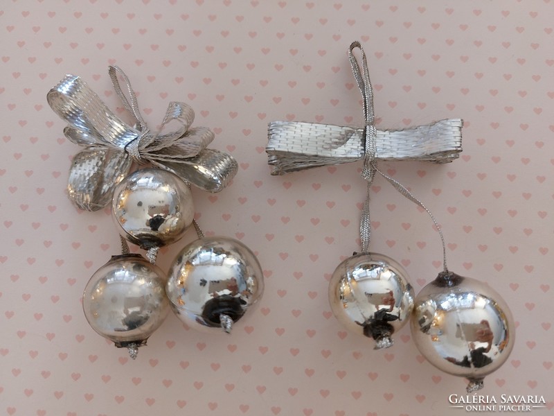 Old glass Christmas tree ornament silver small spheres retro bow glass ornament 2 pcs