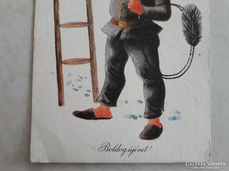 Régi újévi képeslap rajzos levelezőlap kéményseprő lóhere