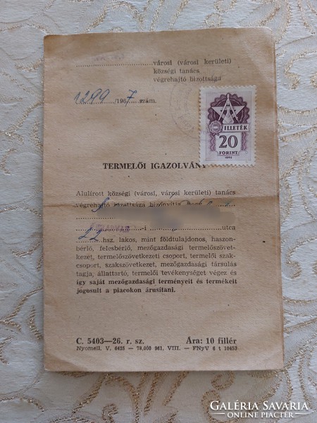 Régi dokumentum 1967 Termelői Igazolvány