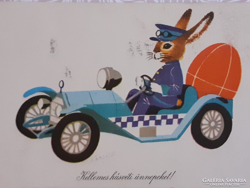 Régi húsvéti képeslap rajzos levelezőlap autó nyuszi nyúl