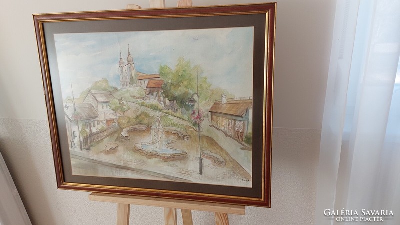 (K) larger watercolor painting 70x57 cm with frame, village detail, with church