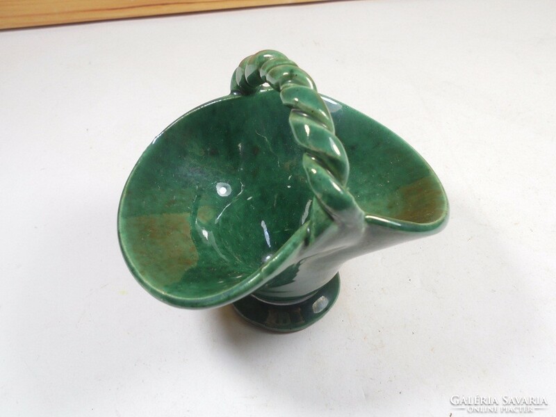 Retro régi zöld mázas kerámia kis kosár tálka edény dísz - 8,2 cm magas