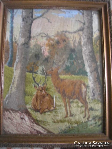 N11 petit point antique art glass needle tapestry artwork deer family with wood panel reinforcement