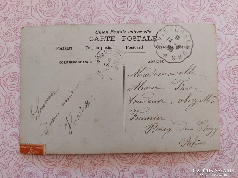 Régi képeslap vintage fotó levelezőlap kislány lila akác kismadarak árvácska