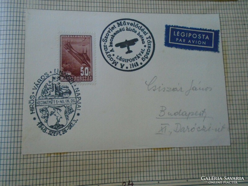 ZA414.78 Alkalmi bélyegzés- LÉGIPOSTA HÍRÖS VÁROS Ünnepi Napjai  Kecskemét  1948 IX 26