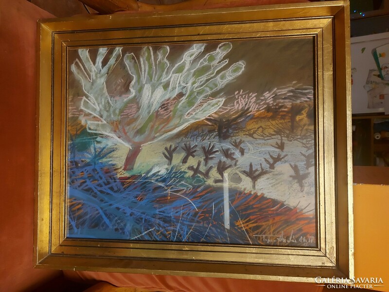 Topor András pasztell festmény, farosttal támasztva, 40x50 cm+ keret