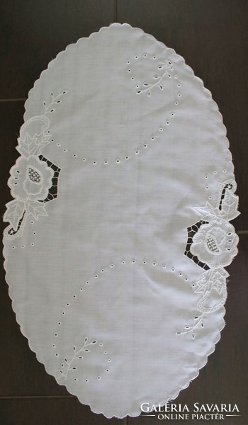A snow-white, wonderful tablecloth decorated with Richelieu embroidery - 78 cm x 45 cm