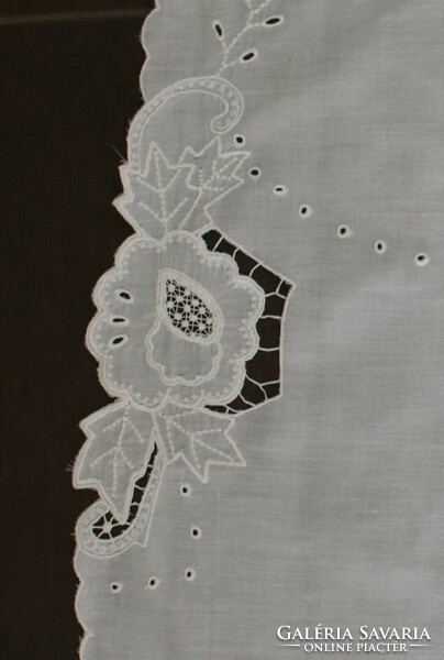 A snow-white, wonderful tablecloth decorated with Richelieu embroidery - 78 cm x 45 cm