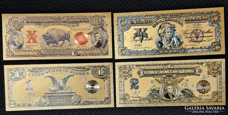 24 Carat gold-plated America, dollar banknote row, 4 (Indian) replicas