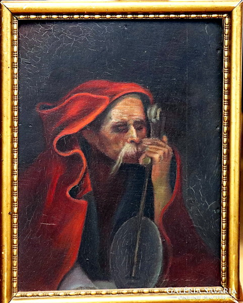 Old man with a lute, antique painting