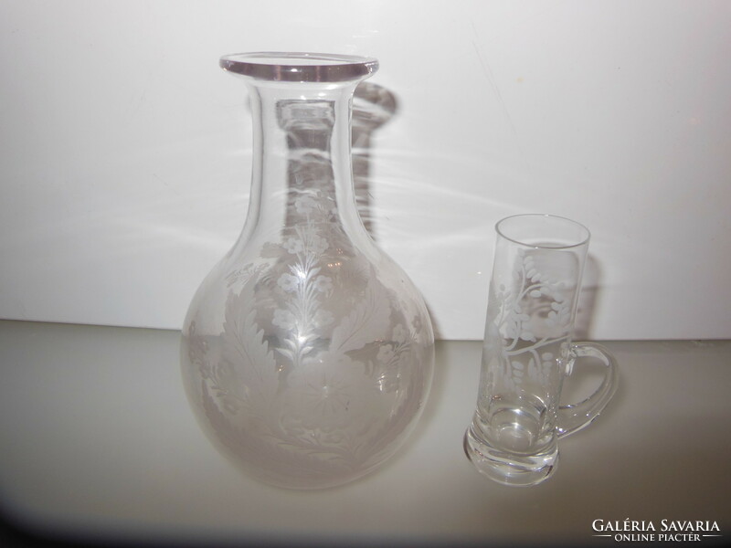 Liqueur bottle + glass - acid etched - old - 3.5 dl - 16 x 9 cm - thick - spectacular - flawless
