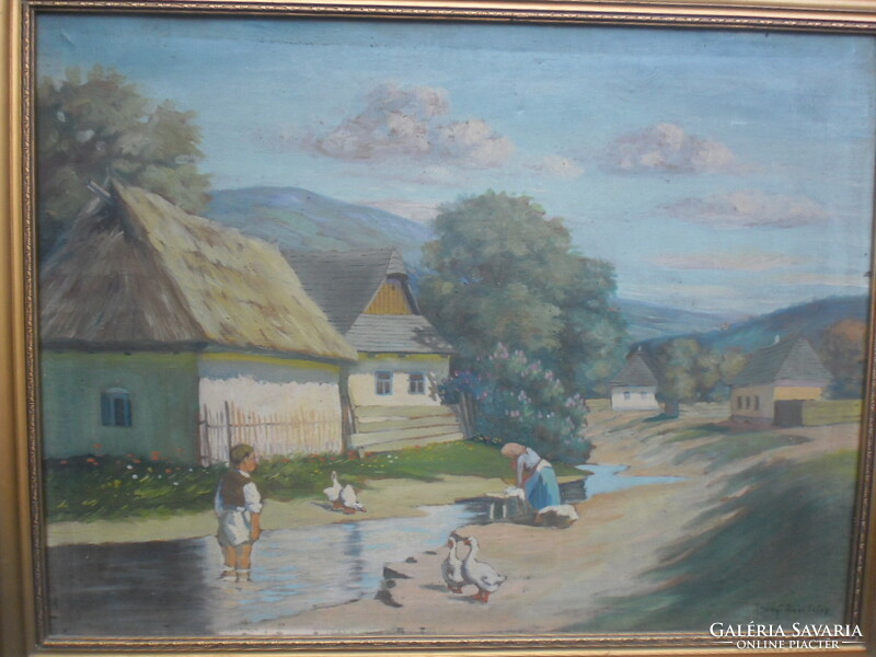 Tihanyi János Lajos (1892-1957) Falusi életkép című olaj-vászon alkotása, keretben. Iványi tanítvány