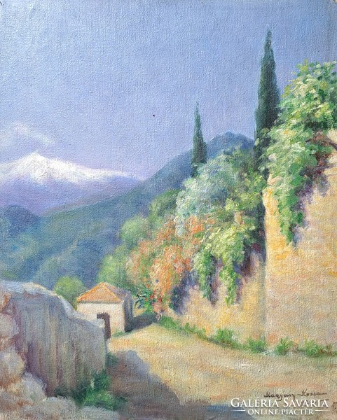 Aníkó Magyary kossa: cottage on the hillside, oil on wood 1927, female painter