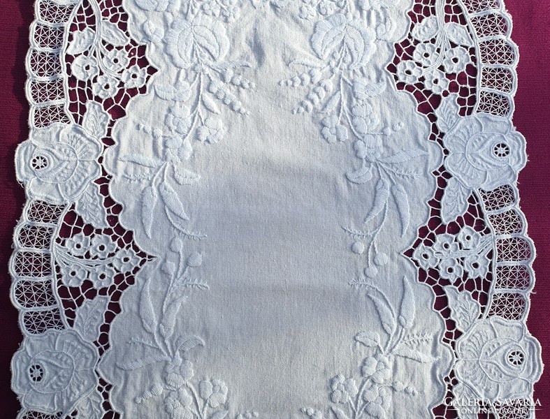Old Kalocsa rosette white embroidery tablecloth table runner 79x35 cm