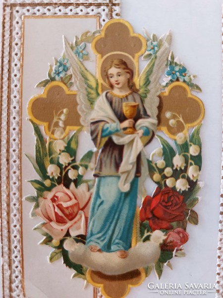 Régi kis szentkép Angyalok dombornyomott csipkés szélű imakép 2 db