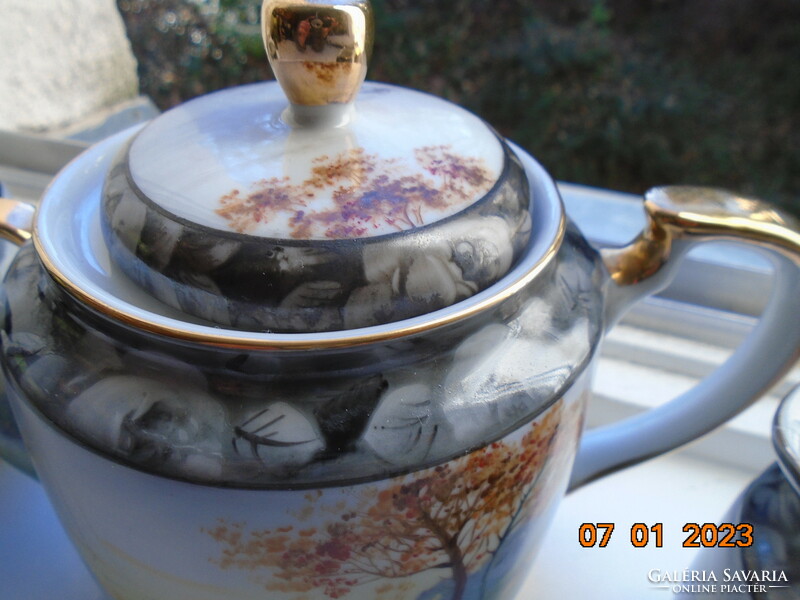 Kézzel festett tóparti Napkelte hattyúval,házikóval,japán  porcelán teás szervírozók