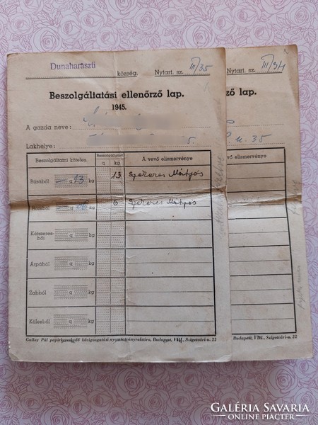 Old document 1945 service checklist 2 pcs