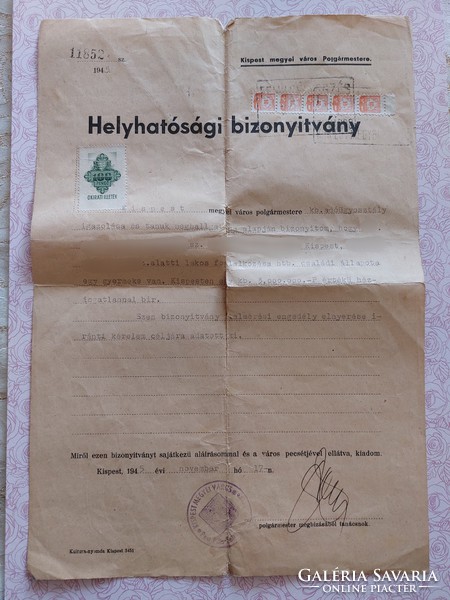 Régi dokumentum 1945 Helyhatósági Bizonyítvány